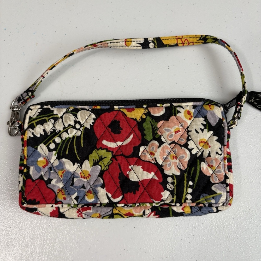 Vera Bradley Poppy Fields Wristlet Clutch Black Floral Dopamine 8.5x4.5"